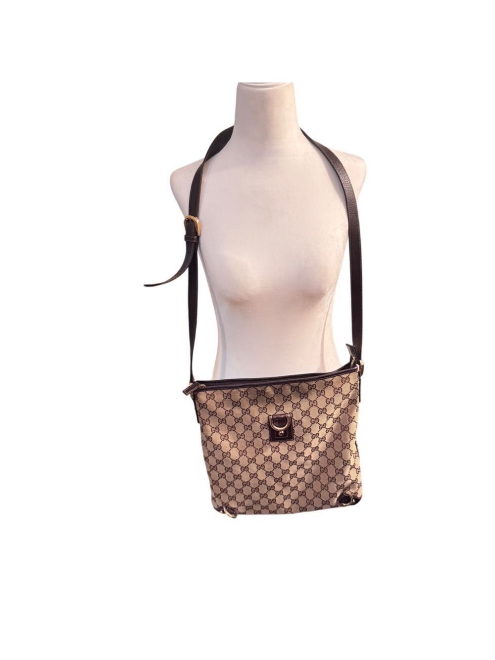 Gucci Beige Monogram Crossbody Bag with Dark Brown Strap